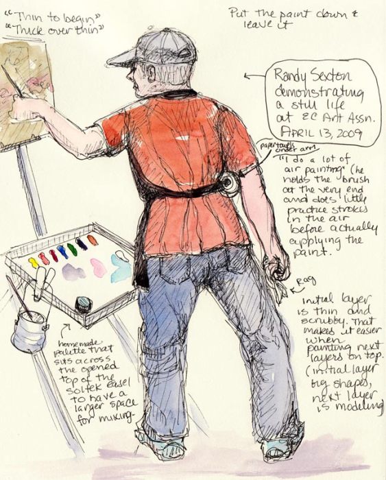 Randy Sexton demonstrating, Ink & watercolor in 8x6" sketchbook