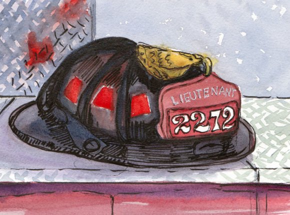Fire Helmet, ink & watercolor