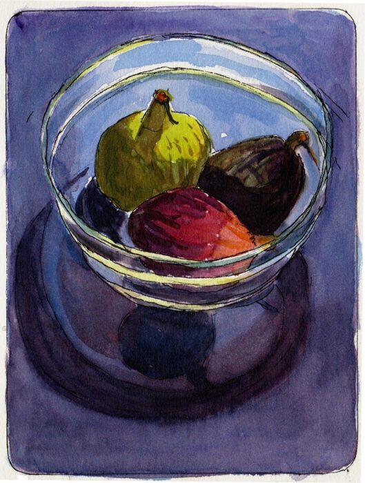 Figs in glass bowl in sun, ink & watercolor, 7x5"