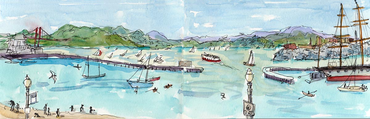 San Francisco Bay from Aquatic Park, ink & watercolor 16x5.5"