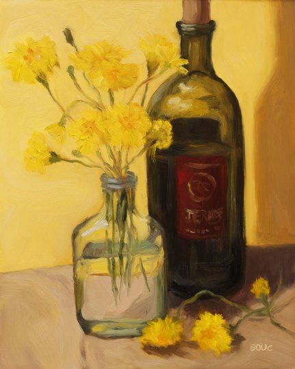 Dandelions and Wine, Oil Painting on Gessobord, 10x8"