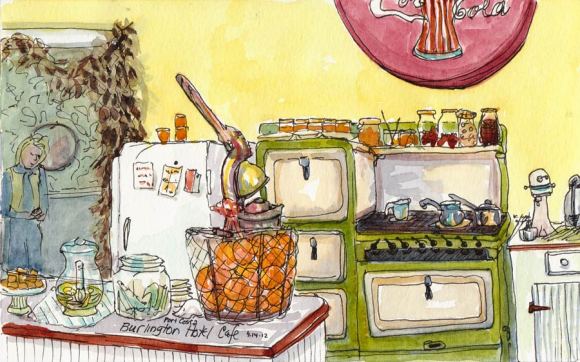 Burlington Hotel Cafe, Port Costa, ink & watercolor, 5x8"
