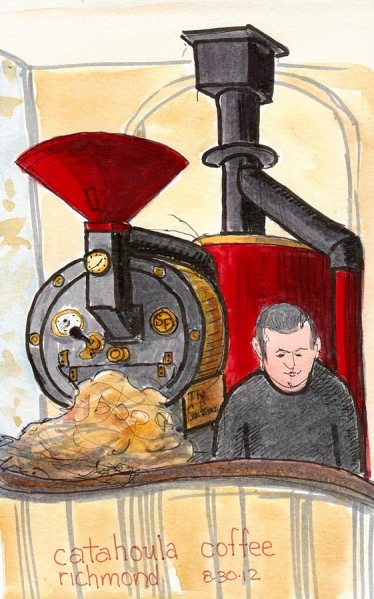 Catahoula Coffee Roaster, ink, marker & watercolor, 8x5"