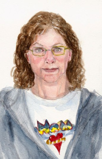 End of Journal Watercolor Self Portrait of Jana Bouc, Artist, graphite and watercolor, 7.5x5"