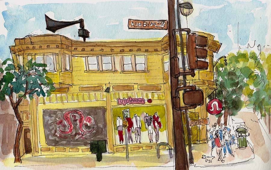 LuluLemon, Corner of Ashby & College, Berkeley, ink & watercolor, 5x8"