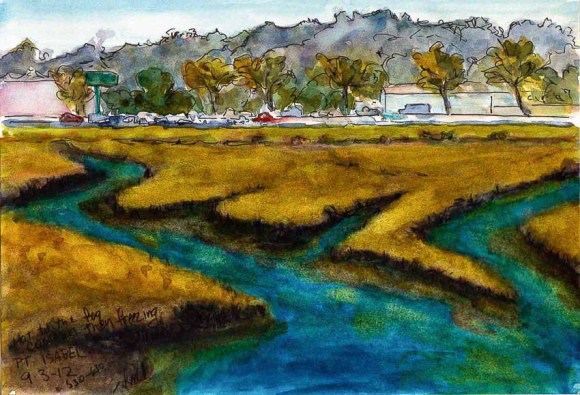 View from Pt. Isabel Bridge #1, ink & watercolor, 6x8"