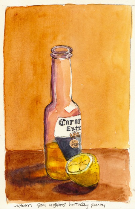 Beer and Lemon, Ink & Watercolor, 8x5"