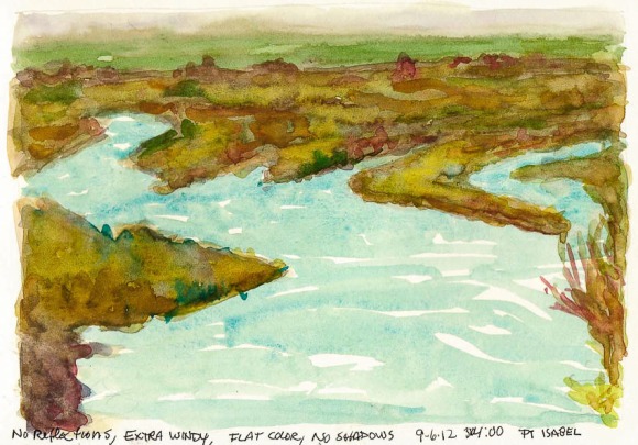 View from Pt. Isabel Bridge #2, ink & watercolor, 6x8"