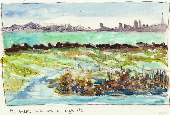 View from Pt. Isabel Bridge #3, ink & watercolor, 6x8"