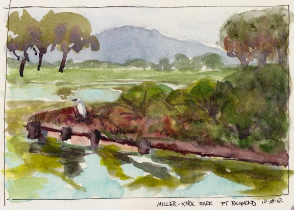 Egret at Miller-Knox Park, Ink & watercolor 5x8"