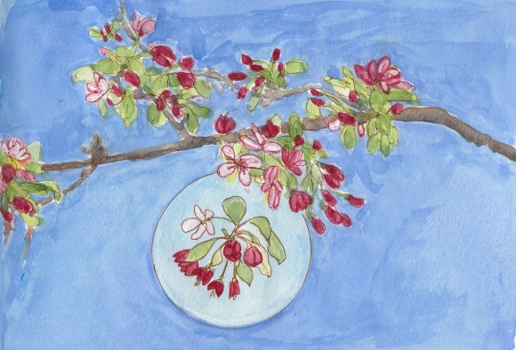 Flowering Crab Apple Branch, right page, ink, watercolor & gouache, 8x11"