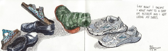 Piled up Shoes and Slippers, ink & watercolor, 5x16"