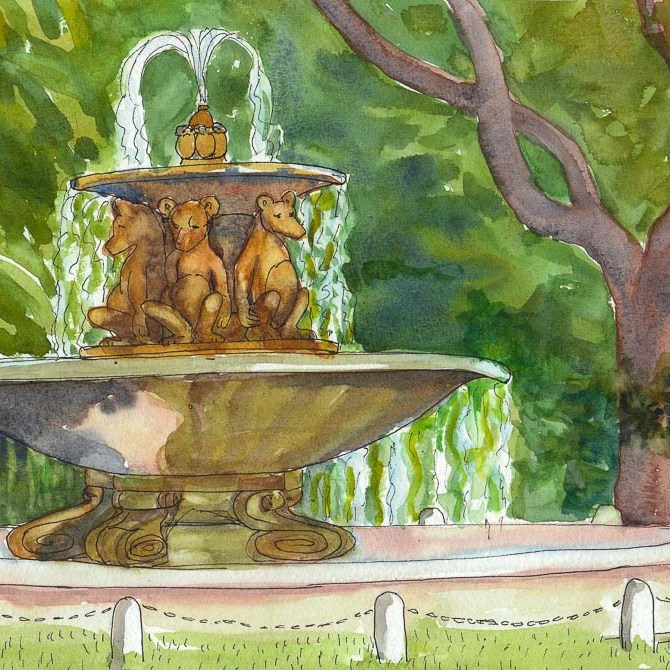 Teddy Bear Fountain, Berkeley, ink & watercolor, 8x11"