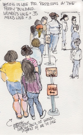 Standing in Line for the Ferry Building Restrooms, ink & watercolor 7x5"