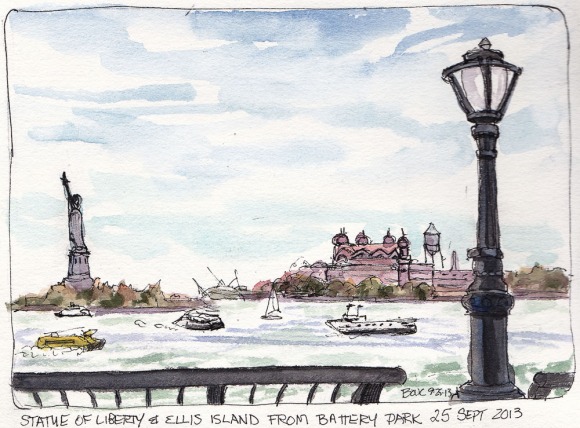 Battery Park, Statue of Liberty, Ellis Island, ink and watercolor, 5.5x7.5"