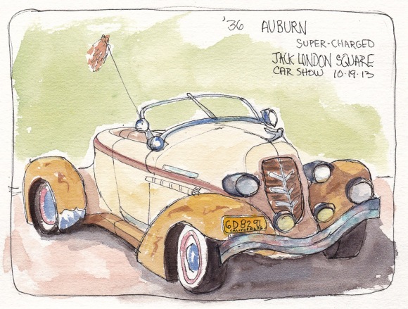 1936 Auburn Supercharged, Jack London Car Show, ink and watercolor, 5x7 in