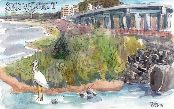 Birdwatching at Albany Bulb 1, ink and watercolor, 5x7 in