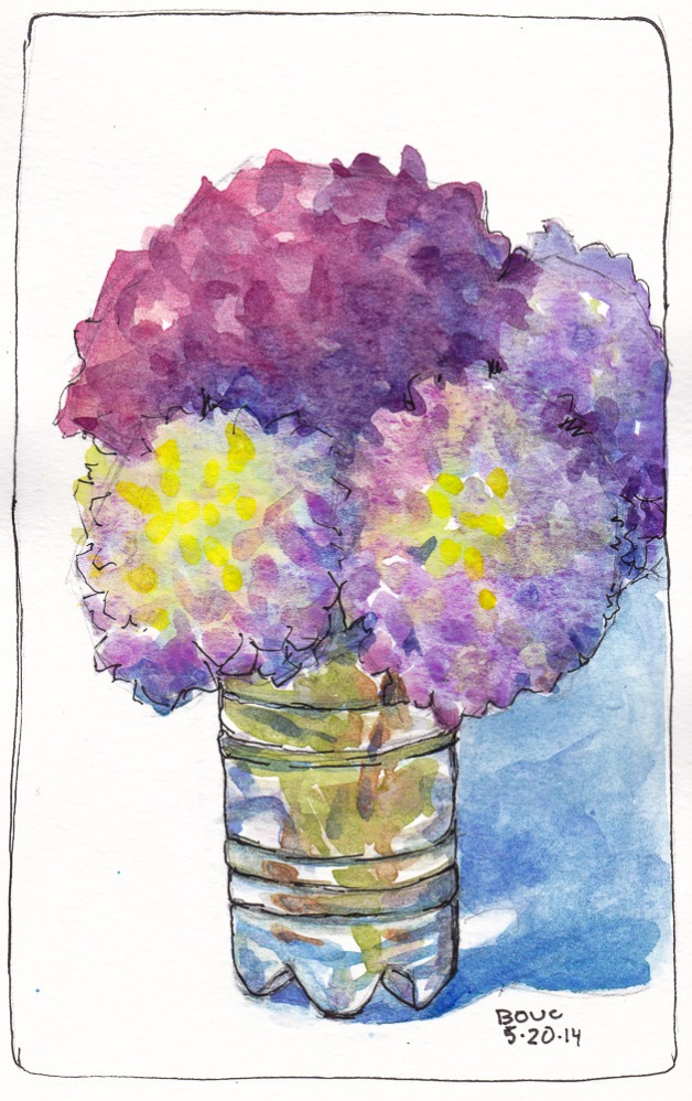 Hydrangeas in Glass, ink and watercolor, 7x5 in