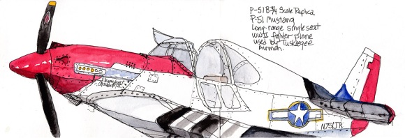 P-51 Mustang. Ink and watercolor, 5x15 inches
