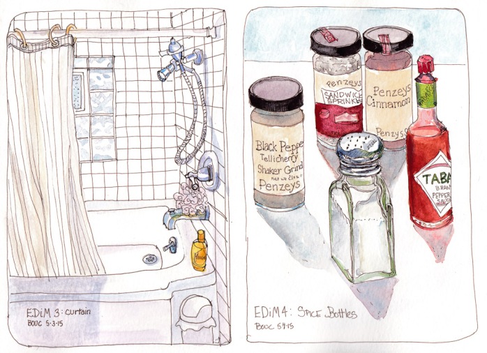 Every Day in May 3-4: Curtain and Spice Bottles, ink and watercolor, 8x10 in