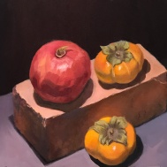 Pomegranate, Persimmons, Brick, Oil on Arches Oil Paper, 10x10"
