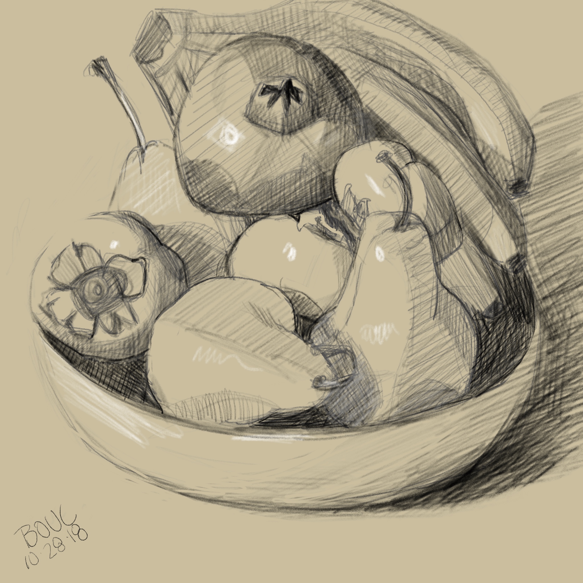 Bowl of Fruit on Toned Paper, Digital Sketch in Procreate